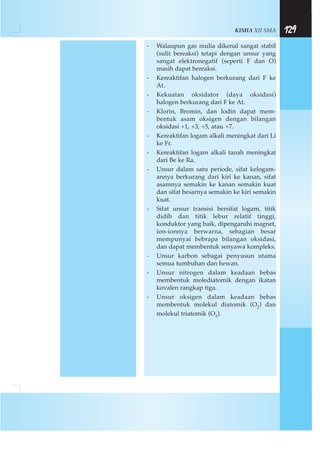 KIMIA XII SMA 129
- Walaupun gas mulia dikenal sangat stabil
(sulit bereaksi) tetapi dengan unsur yang
sangat elektronegatif (seperti F dan O)
masih dapat bereaksi.
- Kereaktifan halogen berkurang dari F ke
At.
- Kekuatan oksidator (daya oksidasi)
halogen berkurang dari F ke At.
- Klorin, Bromin, dan Iodin dapat mem-
bentuk asam oksigen dengan bilangan
oksidasi +1, +3, +5, atau +7.
- Kereaktifan logam alkali meningkat dari Li
ke Fr.
- Kereaktifan logam alkali tanah meningkat
dari Be ke Ra.
- Unsur dalam satu periode, sifat kelogam-
annya berkurang dari kiri ke kanan, sifat
asamnya semakin ke kanan semakin kuat
dan sifat besarnya semakin ke kiri semakin
kuat.
- Sifat unsur transisi bersifat logam, titik
didih dan titik lebur relatif tinggi,
konduktor yang baik, dipengaruhi magnet,
ion-ionnya berwarna, sebagian besar
mempunyai bebrapa bilangan oksidasi,
dan dapat membentuk senyawa kompleks.
- Unsur karbon sebagai penyusun utama
semua tumbuhan dan hewan.
- Unsur nitrogen dalam keadaan bebas
membentuk molediatomik dengan ikatan
kovalen rangkap tiga.
- Unsur oksigen dalam keadaan bebas
membentuk molekul diatomik (O2) dan
molekul triatomik (O3).
 