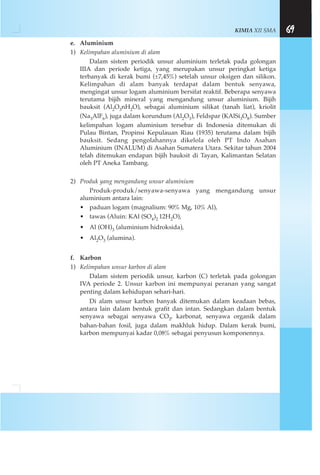 KIMIA XII SMA 69
e. Aluminium
1) Kelimpahan aluminium di alam
Dalam sistem periodik unsur aluminium terletak pada golongan
IIIA dan periode ketiga, yang merupakan unsur peringkat ketiga
terbanyak di kerak bumi (±7,45%) setelah unsur oksigen dan silikon.
Kelimpahan di alam banyak terdapat dalam bentuk senyawa,
mengingat unsur logam aluminium bersifat reaktif. Beberapa senyawa
terutama bijih mineral yang mengandung unsur aluminium. Bijih
bauksit (Al2O3nH2O), sebagai aluminium silikat (tanah liat), kriolit
(Na3AlF6), juga dalam korundum (Al2O3), Feldspar (KAlSi3O8). Sumber
kelimpahan logam aluminium tersebar di Indonesia ditemukan di
Pulau Bintan, Propinsi Kepulauan Riau (1935) terutama dalam bijih
bauksit. Sedang pengolahannya dikelola oleh PT Indo Asahan
Aluminium (INALUM) di Asahan Sumatera Utara. Sekitar tahun 2004
telah ditemukan endapan bijih bauksit di Tayan, Kalimantan Selatan
oleh PT Aneka Tambang.
2) Produk yang mengandung unsur aluminium
Produk-produk/senyawa-senyawa yang mengandung unsur
aluminium antara lain:
• paduan logam (magnalium: 90% Mg, 10% Al),
• tawas (Aluin: KAl (SO4)2 12H2O),
• Al (OH)3 (aluminium hidroksida),
• Al2O3 (alumina).
f. Karbon
1) Kelimpahan unsur karbon di alam
Dalam sistem periodik unsur, karbon (C) terletak pada golongan
IVA periode 2. Unsur karbon ini mempunyai peranan yang sangat
penting dalam kehidupan sehari-hari.
Di alam unsur karbon banyak ditemukan dalam keadaan bebas,
antara lain dalam bentuk grafit dan intan. Sedangkan dalam bentuk
senyawa sebagai senyawa CO2, karbonat, senyawa organik dalam
bahan-bahan fosil, juga dalam makhluk hidup. Dalam kerak bumi,
karbon mempunyai kadar 0,08% sebagai penyusun komponennya.
 