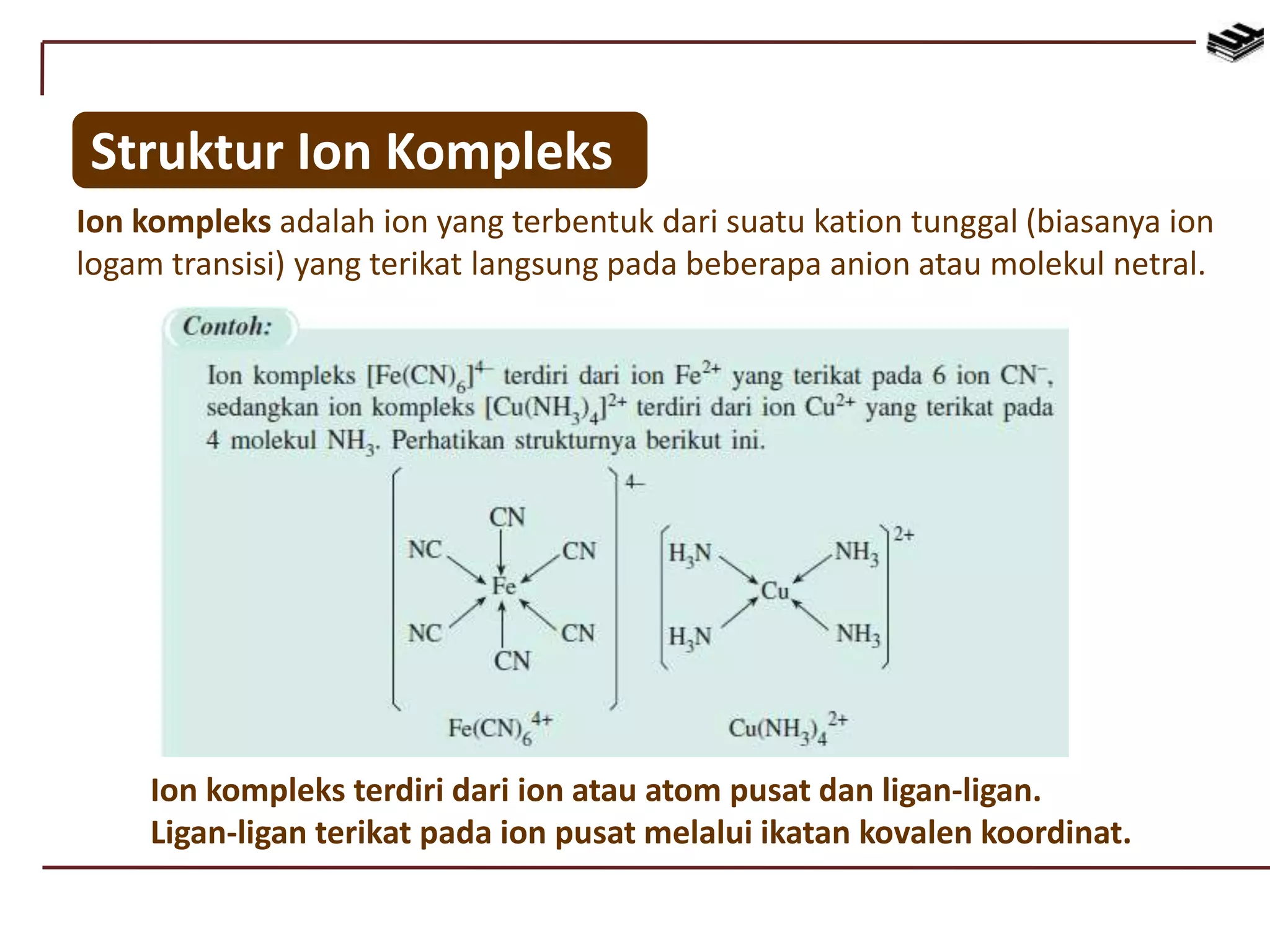 Struktur Ion Kompleks
Ion kompleks adalah ion yang terbentuk dari suatu kation tunggal (biasanya ion
logam transisi) yang terikat langsung pada beberapa anion atau molekul netral.
Ion kompleks terdiri dari ion atau atom pusat dan ligan-ligan.
Ligan-ligan terikat pada ion pusat melalui ikatan kovalen koordinat.
 
