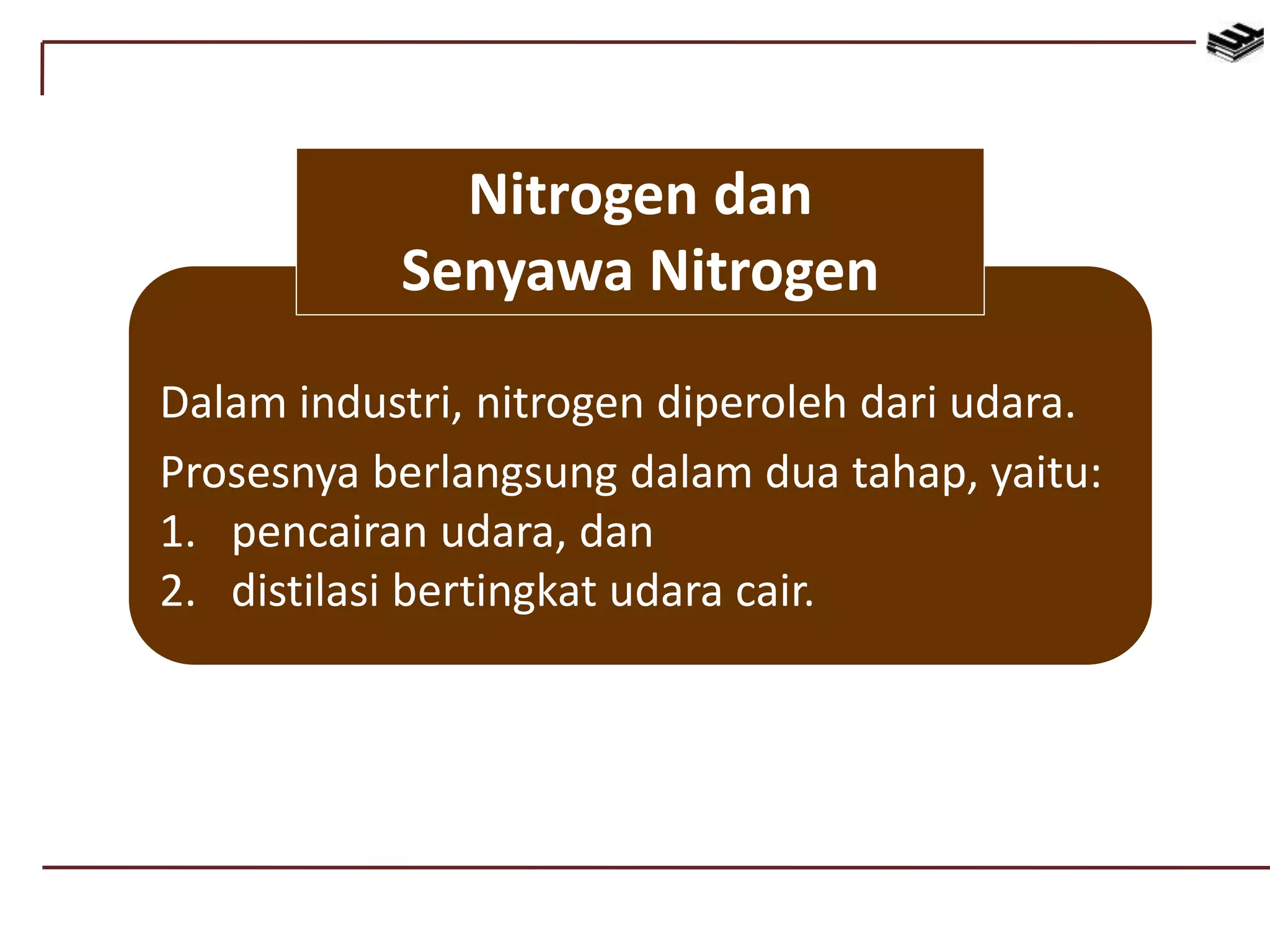 Dalam industri, nitrogen diperoleh dari udara.
Prosesnya berlangsung dalam dua tahap, yaitu:
1. pencairan udara, dan
2. distilasi bertingkat udara cair.
Nitrogen dan
Senyawa Nitrogen
 