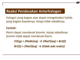 Reaksi Pendesakan Antarhalogen 
Halogen yang bagian atas dapat mengoksidasi halida 
yang bagian bawahnya, tetapi tidak sebaliknya. 
Contoh: 
Klorin dapat mendesak bromin, tetapi sebaliknya 
bromin tidak dapat mendesak klorin. 
Cl2(g) + 2NaBr(aq) → 2NaCl(aq) + Br2(l) 
Br2(l) + 2NaCl(aq) → (tidak ada reaksi) 
 