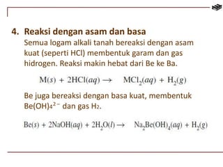 4. Reaksi dengan asam dan basa 
Semua logam alkali tanah bereaksi dengan asam 
kuat (seperti HCl) membentuk garam dan gas 
hidrogen. Reaksi makin hebat dari Be ke Ba. 
Be juga bereaksi dengan basa kuat, membentuk 
Be(OH)4 dan gas H2 2 – . 
 