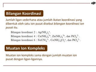 Bilangan Koordinasi 
Jumlah ligan sederhana atau jumlah ikatan koordinasi yang 
dibentuk oleh satu ion pusat disebut bilangan koordinasi ion 
pusat itu. 
Muatan Ion Kompleks 
Muatan ion kompleks sama dengan jumlah muatan ion 
pusat dengan ligan-ligannya. 
 