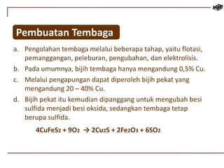 Pembuatan Tembaga 
a. Pengolahan tembaga melalui beberapa tahap, yaitu flotasi, 
pemanggangan, peleburan, pengubahan, dan elektrolisis. 
b. Pada umumnya, bijih tembaga hanya mengandung 0,5% Cu. 
c. Melalui pengapungan dapat diperoleh bijih pekat yang 
mengandung 20 – 40% Cu. 
d. Bijih pekat itu kemudian dipanggang untuk mengubah besi 
sulfida menjadi besi oksida, sedangkan tembaga tetap 
berupa sulfida. 
4CuFeS2 + 9O2 → 2Cu2S + 2Fe2O3 + 6SO2 
 