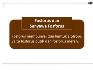 Fosforus dan 
Senyawa Fosforus 
Fosforus mempunyai dua bentuk alotropi, 
yaitu fosforus putih dan fosforus merah. 
 