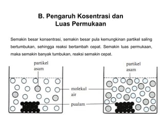 B. Pengaruh Kosentrasi dan 
Luas Permukaan 
Semakin besar konsentrasi, semakin besar pula kemungkinan partikel saling 
bertumbukan, sehingga reaksi bertambah cepat. Semakin luas permukaan, 
maka semakin banyak tumbukan, reaksi semakin cepat. 
 