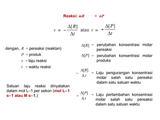 Reaksi: mR nP 
dengan, R = pereaksi (reaktan) 
P = produk 
v = laju reaksi 
t = waktu reaksi 
Δ[R] 
Δ[P] 
- 
Δ[R] 
Δ t 
+ 
Δ[P] 
Δ t 
= perubahan konsentrasi molar 
pereaksi 
= perubahan konsentrasi molar 
produks 
= Laju pengurangan konsentrasi 
molar salah satu pereaksi 
dalam satu satuan waktu 
= Laju pertambahan konsentrasi 
molar salah satu pereaksi 
dalam satu satuan waktu 
Satuan laju reaksi dinyatakan 
dalam mol L-1 per sekon (mol L-1 
s-1 atau M s-1.) 
 