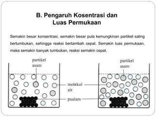 B. Pengaruh Kosentrasi dan 
Luas Permukaan 
Semakin besar konsentrasi, semakin besar pula kemungkinan partikel saling 
bertumbukan, sehingga reaksi bertambah cepat. Semakin luas permukaan, 
maka semakin banyak tumbukan, reaksi semakin cepat. 
 