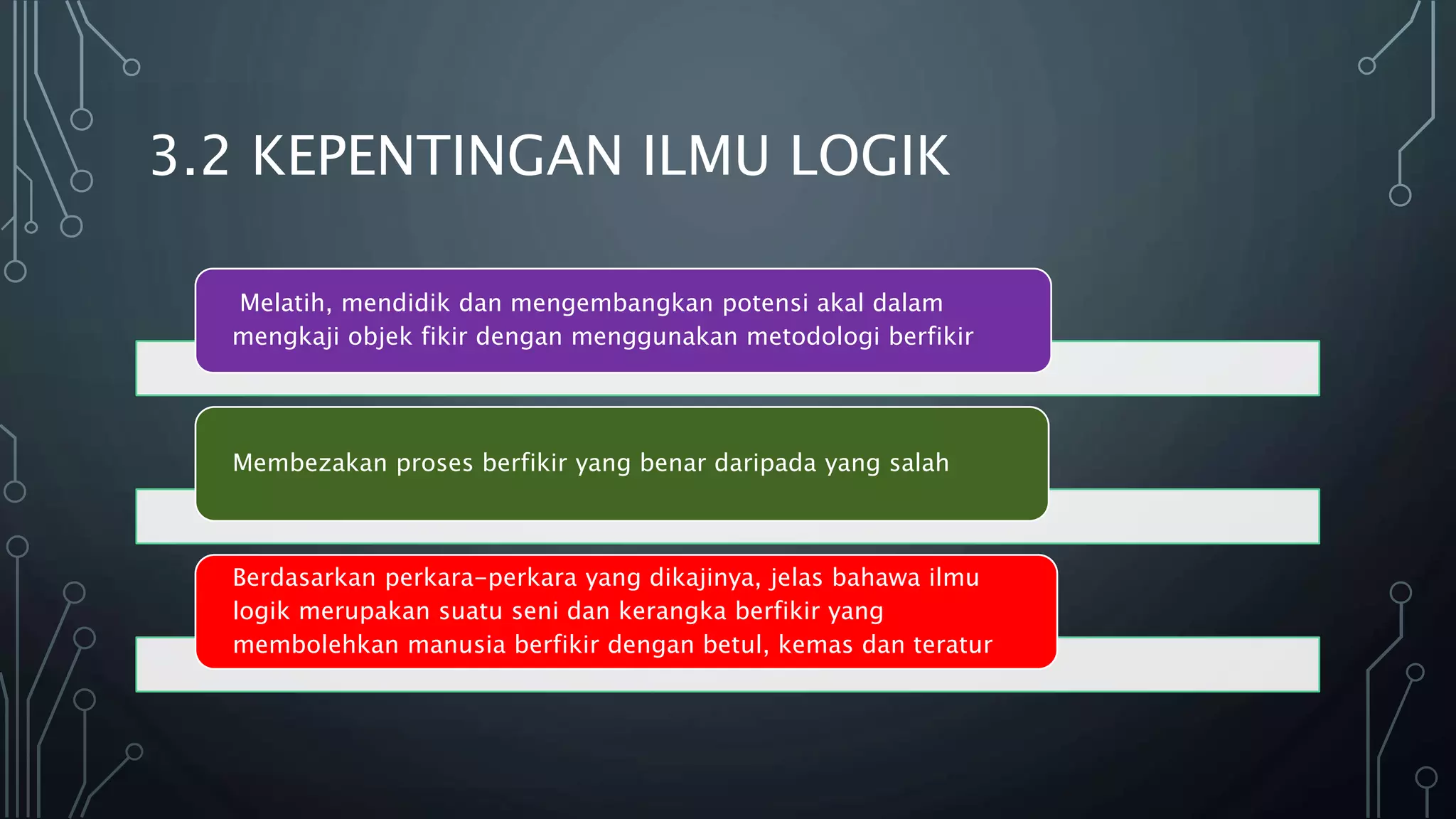 3.2 KEPENTINGAN ILMU LOGIK
Melatih, mendidik dan mengembangkan potensi akal dalam
mengkaji objek fikir dengan menggunakan metodologi berfikir
Membezakan proses berfikir yang benar daripada yang salah
Berdasarkan perkara-perkara yang dikajinya, jelas bahawa ilmu
logik merupakan suatu seni dan kerangka berfikir yang
membolehkan manusia berfikir dengan betul, kemas dan teratur
 