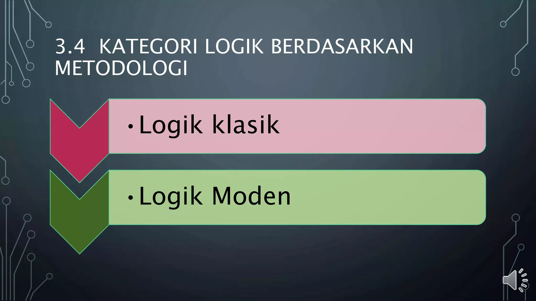 3.4 KATEGORI LOGIK BERDASARKAN
METODOLOGI
•Logik klasik
•Logik Moden
 