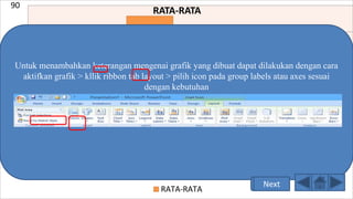 B. Membuat Grafik
Untuk memasukkan tabel pada slide, dapat dilakukan dengan cara :
1. Klik ribbon tab Insert > Chart
2. Pada kotak dialog Insert Chart, pilih Column kemudian klik tombol OK
Setelah selesai klik tombol Close pada
pojok kanan atas windows. Dan lihat
hasilnya
65
70
75
80
85
90
Bahasa Indonesia Matematika Bahasa Inggris IPA
RATA-RATA
RATA-RATA
Untuk menambahkan keterangan mengenai grafik yang dibuat dapat dilakukan dengan cara
aktifkan grafik > kllik ribbon tab layout > pilih icon pada group labels atau axes sesuai
dengan kebutuhan
GambarNext
 