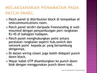 Patch panel @ distribution block di tempatkan di telecommunications room. 
Patch panel terdiri daripada freestanding @ wall- mounted dengan penyambungan port rangkaian RJ 45 di bahagian hadapan. 
Patch panel menghubungkan point antara peralatan rangkaian seperti hub,switch dan network point kepada pc yang bersambung dengannya. 
Di dalam wiring closet juga boleh didapati punch down block. 
Wayar kabel UTP disambungkan ke punch down blok dengan menggunakan punch down tool. 
Exam Cram CompTIA Network+ N10-005 Fourth Edition  