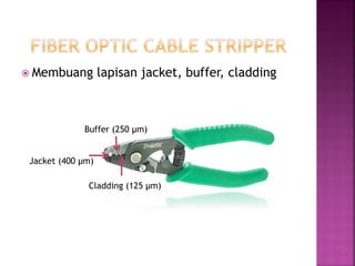 Membuang lapisan jacket, buffer, cladding 
Jacket (400 μm) 
Buffer (250 μm) 
Cladding (125 μm)  