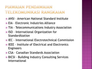 ANSI – American National Standard Institute 
EIA – Electronic Industries Alliance 
TIA – Telecommunications Industry Association 
ISO – International Organization for Standardization 
IEC – International Electrotechnical Commission 
IEEE – Institute of Electrical and Electronics Engineers 
CSA – Canadian Standards Association 
BICSI – Building Industry Consulting Services International  