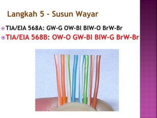 TIA/EIA 568A: GW-G OW-Bl BlW-O BrW-Br 
TIA/EIA 568B: OW-O GW-Bl BlW-G BrW-Br 
Langkah 5 – Susun Wayar  