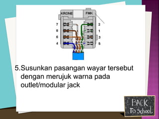 5. Susunkan pasangan wayar tersebut dengan merujuk warna pada outlet/modular jack  