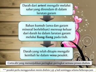Darah dari arteri mengalir melalui
salur yang direndam di dalam
larutan garam

Bahan kumuh (urea dan garam
mineral berlebihan) meresap keluar
dari darah ke dalam larutan garam
melalui liang-liang pada tiub.

Darah yang telah ditapis mengalir
kembali ke dalam vena pesakit.
Carta alir yang menunjukkan peringkat-peringkat semasa proses dialisis
*** pesakit perlu menggunakan mesin dialisis 3 @ 4 kali seminggu selama beberapa jam

 