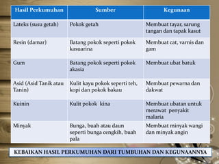 Hasil Perkumuhan

Sumber

Kegunaan

Lateks (susu getah)

Pokok getah

Membuat tayar, sarung
tangan dan tapak kasut

Resin (damar)

Batang pokok seperti pokok
kasuarina

Membuat cat, varnis dan
gam

Gum

Batang pokok seperti pokok
akasia

Membuat ubat batuk

Asid (Asid Tanik atau
Tanin)

Kulit kayu pokok seperti teh,
kopi dan pokok bakau

Membuat pewarna dan
dakwat

Kuinin

Kulit pokok kina

Membuat ubatan untuk
merawat penyakit
malaria

Minyak

Bunga, buah atau daun
seperti bunga cengkih, buah
pala

Membuat minyak wangi
dan minyak angin

KEBAIKAN HASIL PERKUMUHAN DARI TUMBUHAN DAN KEGUNAANNYA

 