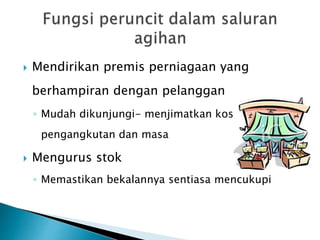  Mendirikan premis perniagaan yang
berhampiran dengan pelanggan
◦ Mudah dikunjungi- menjimatkan kos
pengangkutan dan masa
 Mengurus stok
◦ Memastikan bekalannya sentiasa mencukupi
 