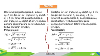 2 2
1 2
2 2
( )
25 (9 2)
625 49
576 24 cm
PQ d r r
  
  
 
 
Diketahui jari-jari lingkaran 𝐿1 adalah
𝑟1= 9 cm dan jari-jari lingkaran 𝐿2 adalah
𝑟2 = 2 cm. Jarak titik pusat lingkaran 𝐿1
dan lingkaran 𝐿2 adalah 25 cm. Tentukan
panjang garis singgung persekutuan luar
kedua lingkaran tersebut.
Penyelesaian:
Diketahui jari-jari lingkaran 𝐿1 adalah 𝑟1= 9 cm
dan jari-jari lingkaran 𝐿2 adalah 𝑟2 = 3 cm.
Jarak titik pusat lingkaran 𝐿1 dan lingkaran 𝐿2
adalah 20 cm. Tentukan panjang garis
singgung persekutuan dalam kedua lingkaran
tersebut.
Penyelesaian:
2 2
1 2
2 2
( )
20 (9 3)
400 144
256 16 cm
AB d r r
  
  
 
 
 