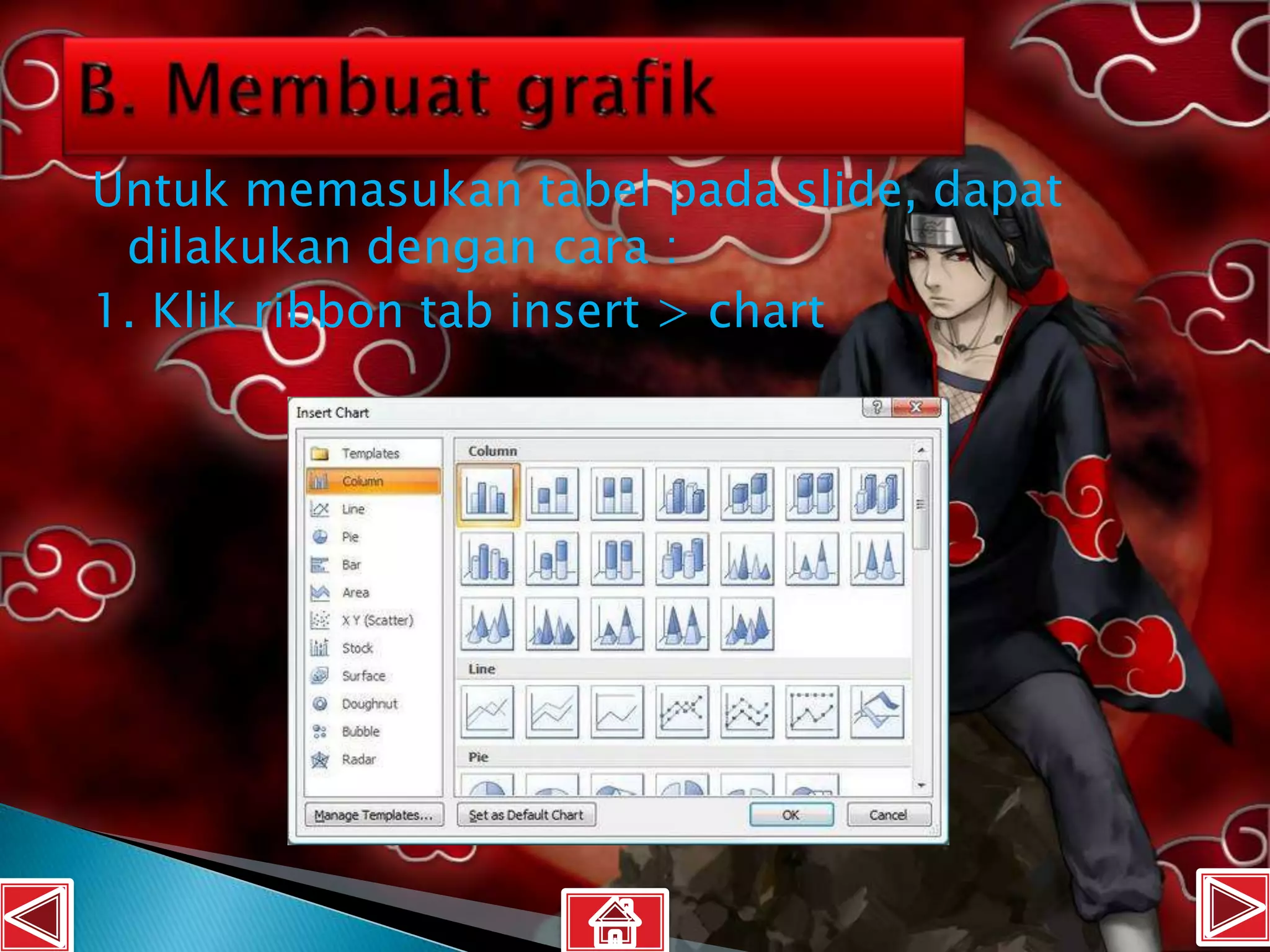 Untuk memasukan tabel pada slide, dapat
 dilakukan dengan cara :
1. Klik ribbon tab insert > chart
 