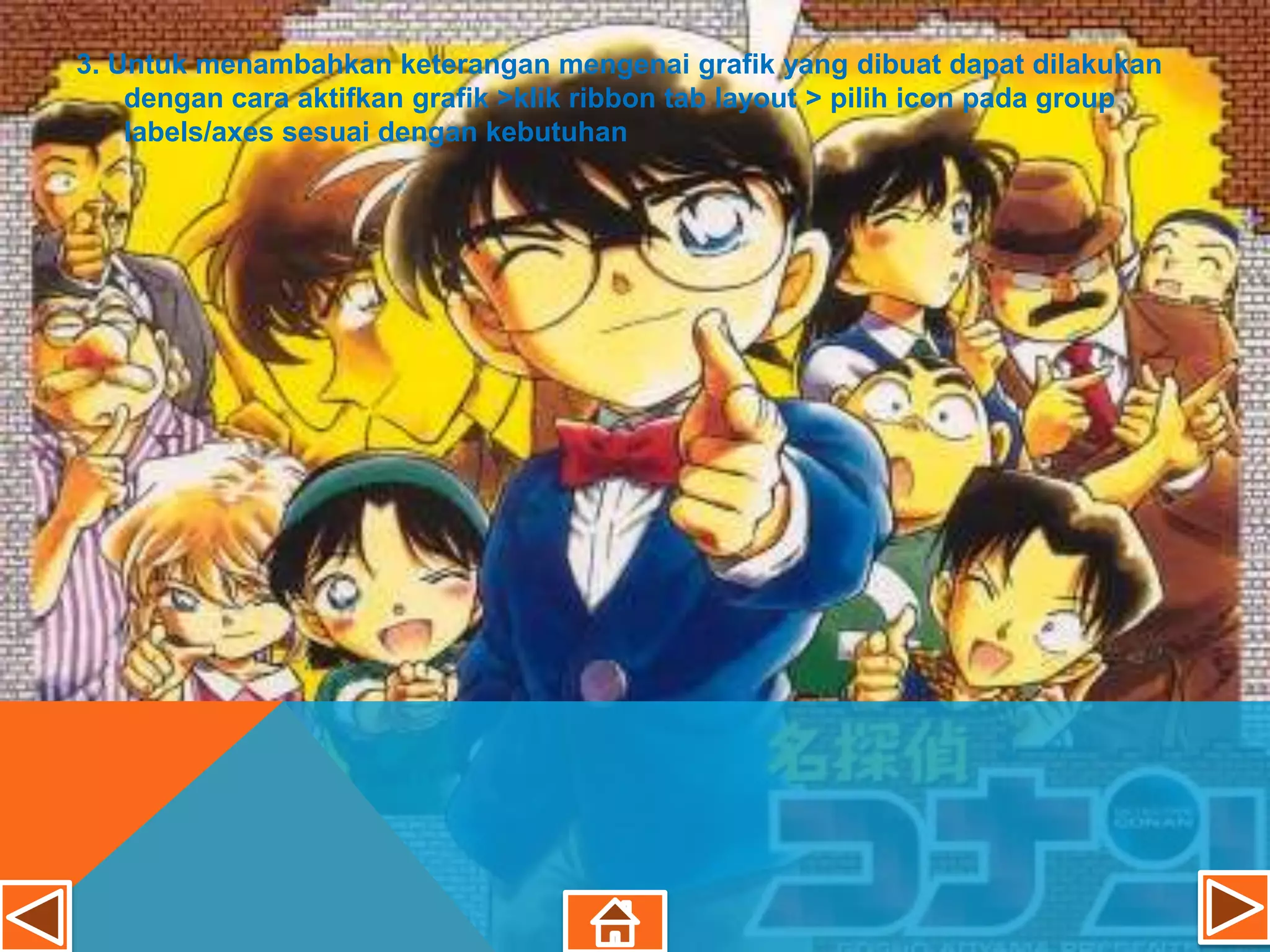 3. Untuk menambahkan keterangan mengenai grafik yang dibuat dapat dilakukan
    dengan cara aktifkan grafik >klik ribbon tab layout > pilih icon pada group
    labels/axes sesuai dengan kebutuhan
 