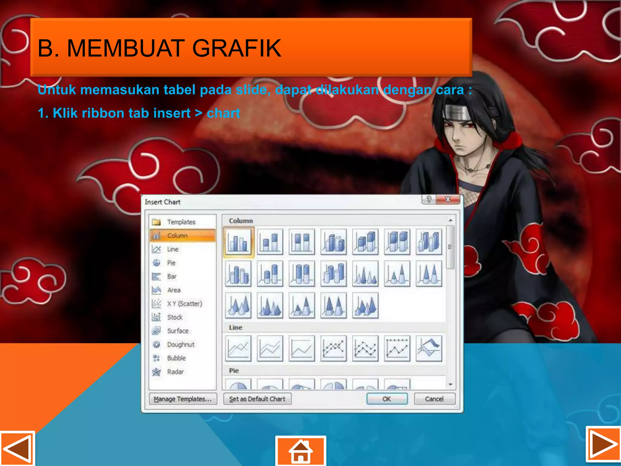 B. MEMBUAT GRAFIK
Untuk memasukan tabel pada slide, dapat dilakukan dengan cara :
1. Klik ribbon tab insert > chart
 