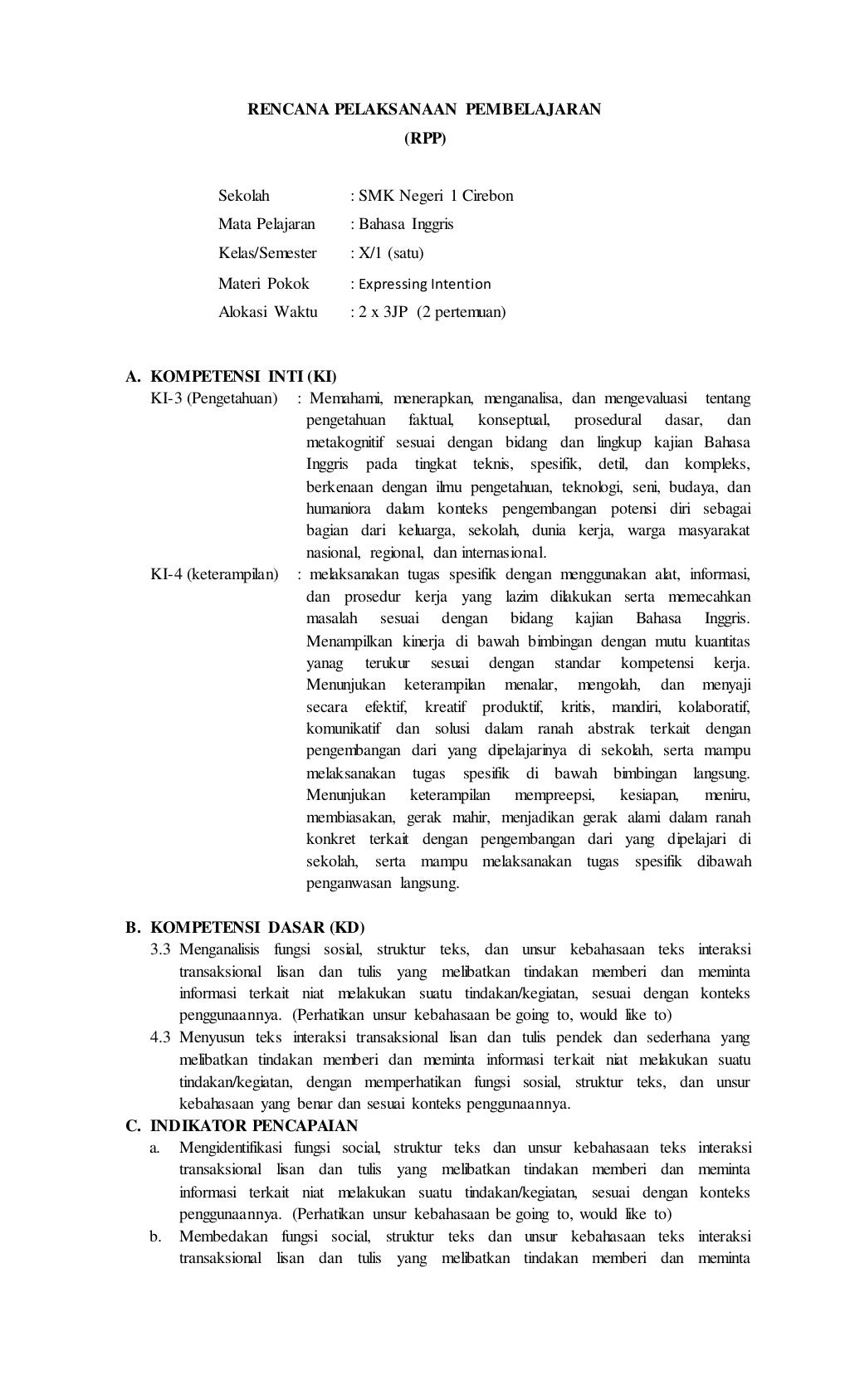 RPP expressing intention kelas X SMK kurikulum 2013 revisi