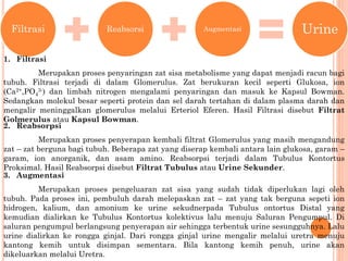 Filtrasi Reabsorsi Augmentasi Urine
1. Filtrasi
Merupakan proses penyaringan zat sisa metabolisme yang dapat menjadi racun bagi
tubuh. Filtrasi terjadi di dalam Glomerulus. Zat berukuran kecil seperti Glukosa, ion
(Ca2+,PO4
3-) dan limbah nitrogen mengalami penyaringan dan masuk ke Kapsul Bowman.
Sedangkan molekul besar seperti protein dan sel darah tertahan di dalam plasma darah dan
mengalir meninggalkan glomerulus melalui Erteriol Eferen. Hasil Filtrasi disebut Filtrat
Golmerulus atau Kapsul Bowman.
2. Reabsorpsi
Merupakan proses penyerapan kembali filtrat Glomerulus yang masih mengandung
zat – zat berguna bagi tubuh. Beberapa zat yang diserap kembali antara lain glukosa, garam –
garam, ion anorganik, dan asam amino. Reabsorpsi terjadi dalam Tubulus Kontortus
Proksimal. Hasil Reabsorpsi disebut Filtrat Tubulus atau Urine Sekunder.
3. Augmentasi
Merupakan proses pengeluaran zat sisa yang sudah tidak diperlukan lagi oleh
tubuh. Pada proses ini, pembuluh darah melepaskan zat – zat yang tak berguna sepeti ion
hidrogen, kalium, dan amonium ke urine sekudnerpada Tubulus ontortus Distal yang
kemudian dialirkan ke Tubulus Kontortus kolektivus lalu menuju Saluran Pengumpul. Di
saluran pengumpul berlangsung penyerapan air sehingga terbentuk urine sesungguhnya. Lalu
urine dialirkan ke rongga ginjal. Dari rongga ginjal urine mengalir melalui uretra menuju
kantong kemih untuk disimpan sementara. Bila kantong kemih penuh, urine akan
dikeluarkan melalui Uretra.
 
