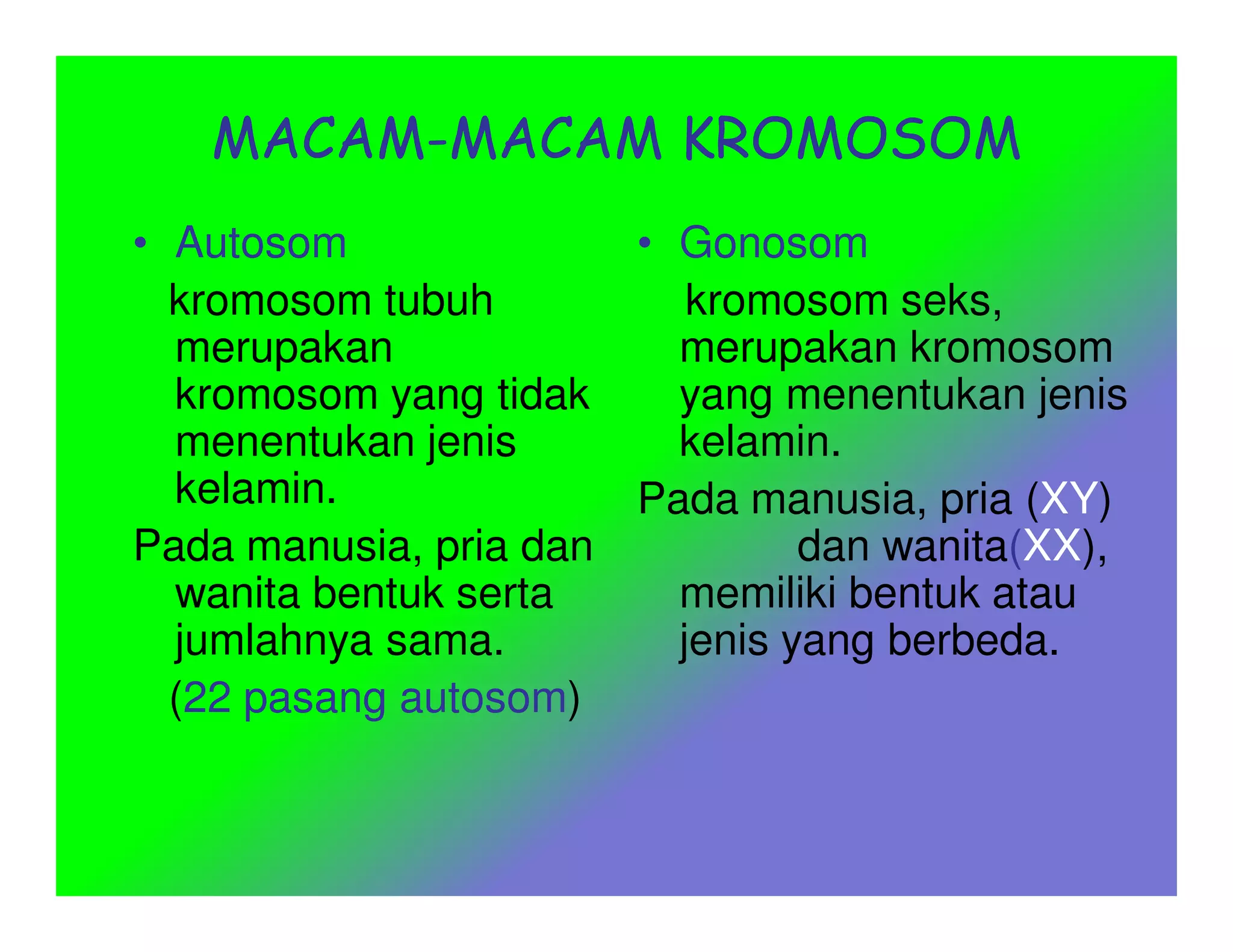 MACAM-MACAM KROMOSOM
• Autosom              • Gonosom
  kromosom tubuh          kromosom seks,
  merupakan              merupakan kromosom
  kromosom yang tidak    yang menentukan jenis
  menentukan jenis       kelamin.
  kelamin.             Pada manusia, pria (XY)
Pada manusia, pria dan          dan wanita(XX),
  wanita bentuk serta    memiliki bentuk atau
  jumlahnya sama.        jenis yang berbeda.
  (22 pasang autosom)
 