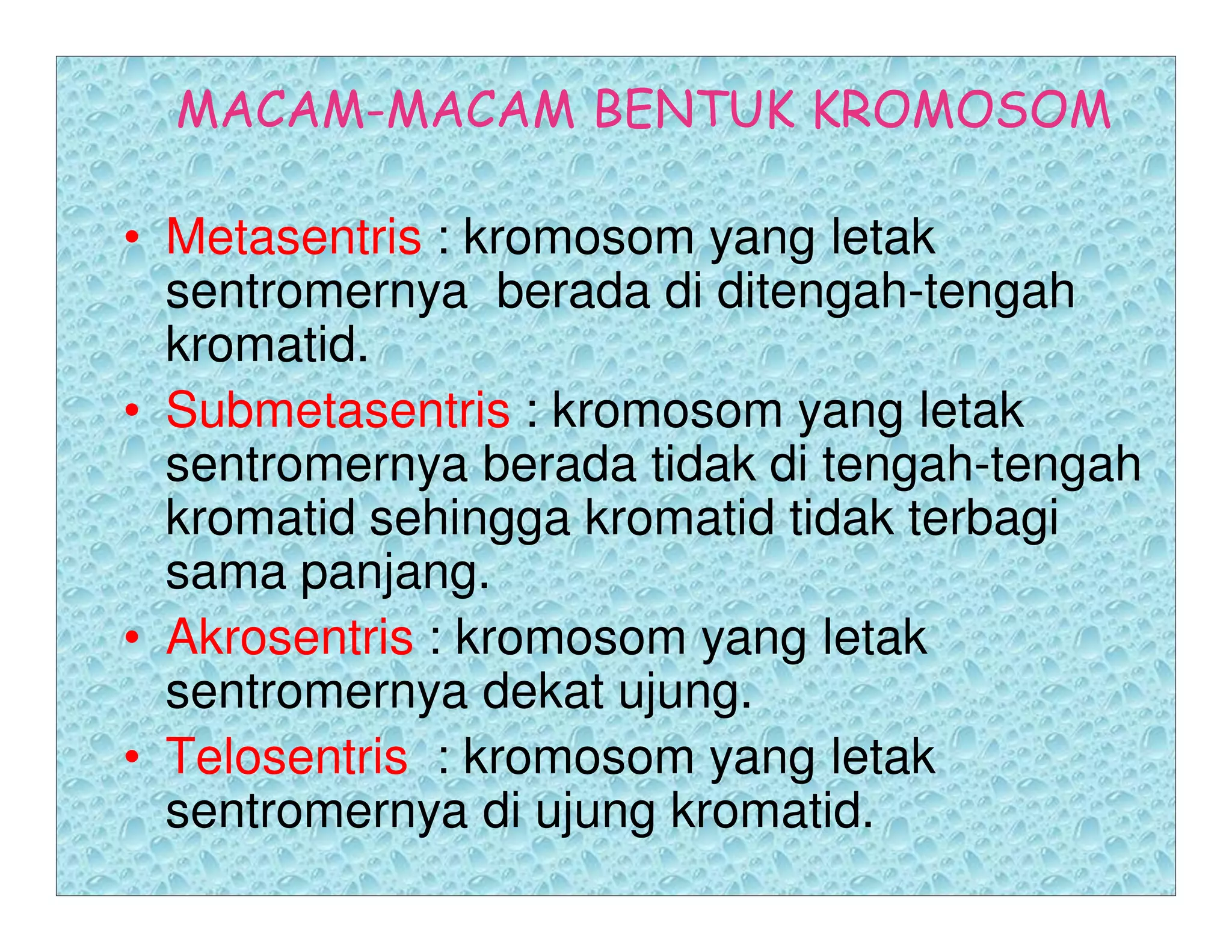 MACAM-MACAM BENTUK KROMOSOM

• Metasentris : kromosom yang letak
  sentromernya berada di ditengah-tengah
  kromatid.
• Submetasentris : kromosom yang letak
  sentromernya berada tidak di tengah-tengah
  kromatid sehingga kromatid tidak terbagi
  sama panjang.
• Akrosentris : kromosom yang letak
  sentromernya dekat ujung.
• Telosentris : kromosom yang letak
  sentromernya di ujung kromatid.
 