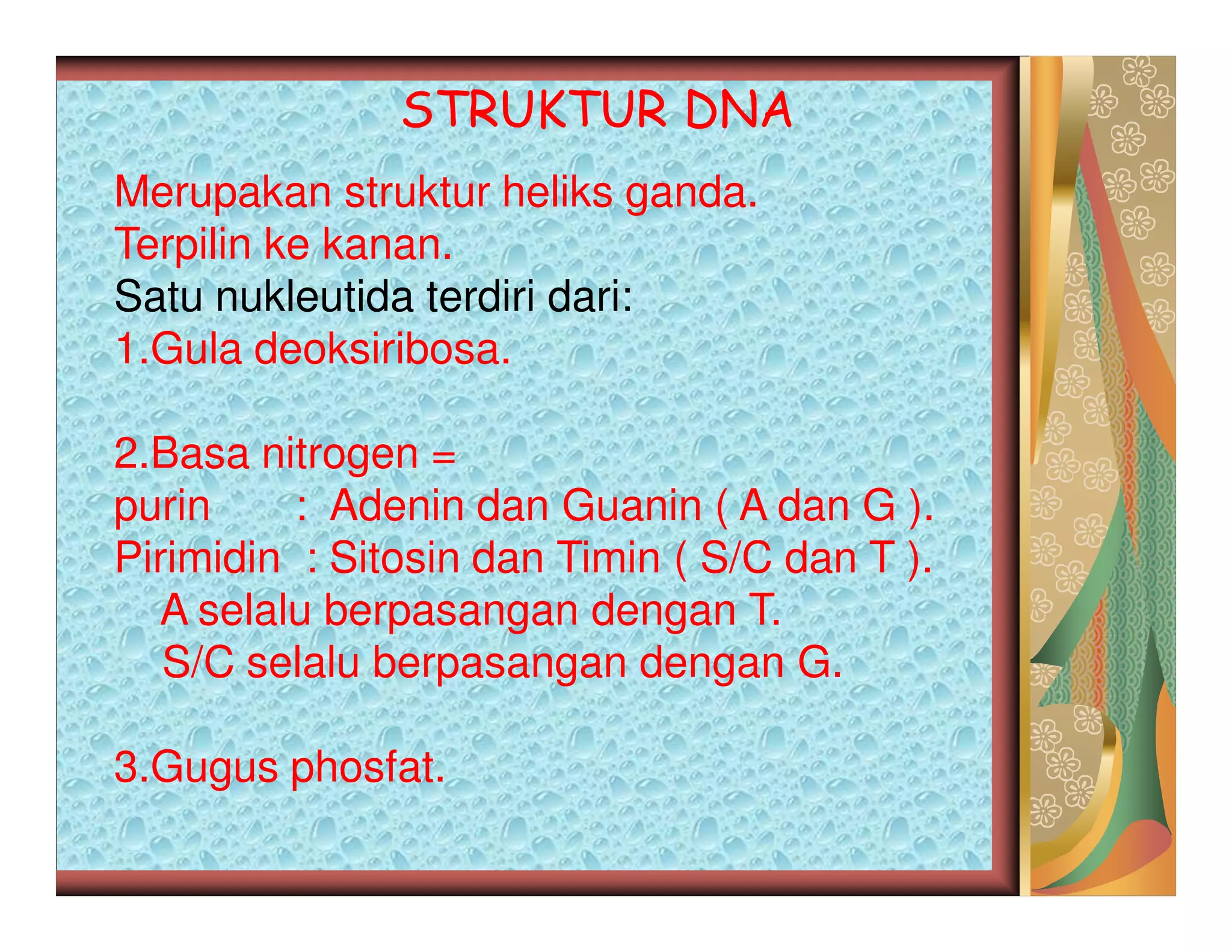 STRUKTUR DNA
Merupakan struktur heliks ganda.
Terpilin ke kanan.
Satu nukleutida terdiri dari:
1.Gula deoksiribosa.

2.Basa nitrogen =
purin     : Adenin dan Guanin ( A dan G ).
Pirimidin : Sitosin dan Timin ( S/C dan T ).
  A selalu berpasangan dengan T.
   S/C selalu berpasangan dengan G.

3.Gugus phosfat.
 