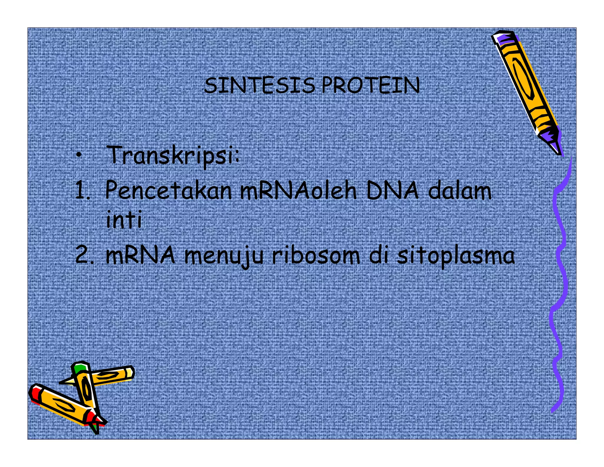 SINTESIS PROTEIN


• Transkripsi:
1. Pencetakan mRNAoleh DNA dalam
   inti
2. mRNA menuju ribosom di sitoplasma
 
