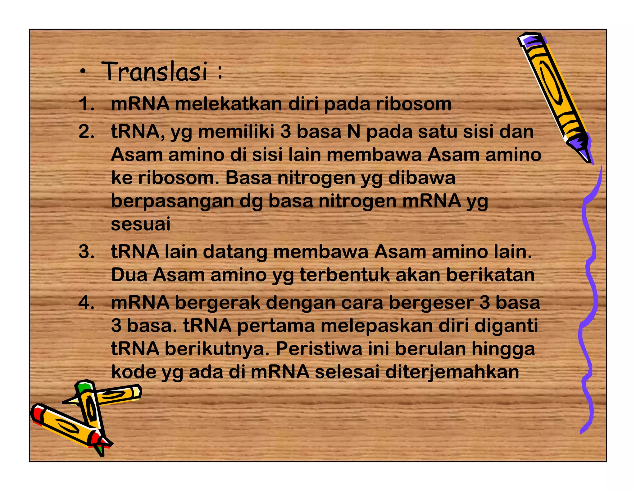 • Translasi :
1. mRNA melekatkan diri pada ribosom
2. tRNA, yg memiliki 3 basa N pada satu sisi dan
   Asam amino di sisi lain membawa Asam amino
   ke ribosom. Basa nitrogen yg dibawa
   berpasangan dg basa nitrogen mRNA yg
   sesuai
3. tRNA lain datang membawa Asam amino lain.
   Dua Asam amino yg terbentuk akan berikatan
4. mRNA bergerak dengan cara bergeser 3 basa
   3 basa. tRNA pertama melepaskan diri diganti
   tRNA berikutnya. Peristiwa ini berulan hingga
   kode yg ada di mRNA selesai diterjemahkan
 