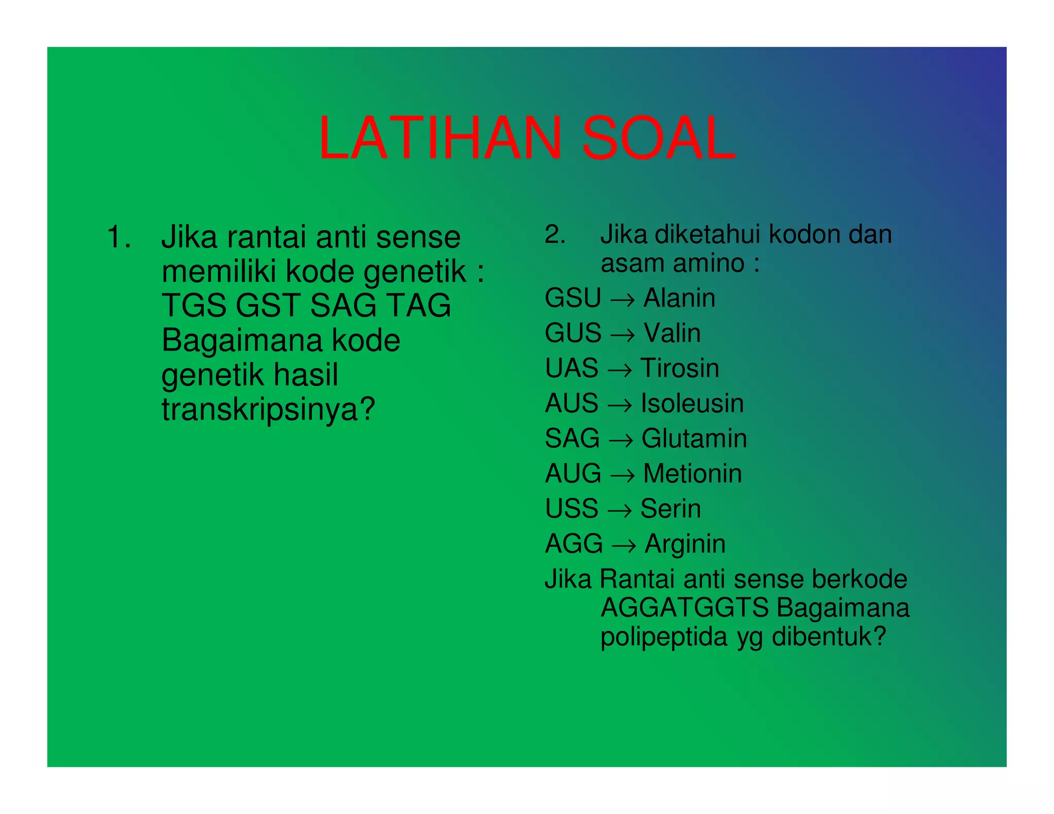 LATIHAN SOAL
1. Jika rantai anti sense    2.   Jika diketahui kodon dan
   memiliki kode genetik :        asam amino :
   TGS GST SAG TAG           GSU → Alanin
   Bagaimana kode            GUS → Valin
   genetik hasil             UAS → Tirosin
   transkripsinya?           AUS → Isoleusin
                             SAG → Glutamin
                             AUG → Metionin
                             USS → Serin
                             AGG → Arginin
                             Jika Rantai anti sense berkode
                                  AGGATGGTS Bagaimana
                                  polipeptida yg dibentuk?
 