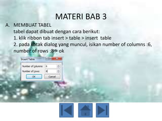 MATERI BAB 3
A. MEMBUAT TABEL
   tabel dapat dibuat dengan cara berikut:
   1. klik ribbon tab insert > table > insert table
   2. pada kotak dialog yang muncul, isikan number of columns :6,
   number of rows :8 > ok
 