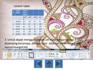 contoh tabel




3. Untuk dapat menggabungkan cel mata pelajaran dan 3 cel
disamping kanannya, dengan cara : blok cel > klik ribbon tab
layout>margeCells
 