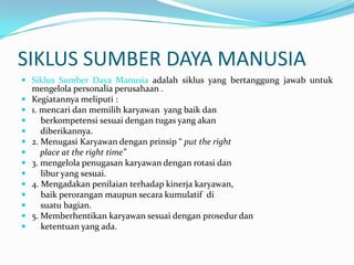 SIKLUS SUMBER DAYA MANUSIA
 Siklus Sumber Daya Manusia adalah siklus yang bertanggung jawab untuk
    mengelola personalia perusahaan .
   Kegiatannya meliputi :
   1. mencari dan memilih karyawan yang baik dan
      berkompetensi sesuai dengan tugas yang akan
      diberikannya.
   2. Menugasi Karyawan dengan prinsip “ put the right
      place at the right time”
   3. mengelola penugasan karyawan dengan rotasi dan
      libur yang sesuai.
   4. Mengadakan penilaian terhadap kinerja karyawan,
      baik perorangan maupun secara kumulatif di
      suatu bagian.
   5. Memberhentikan karyawan sesuai dengan prosedur dan
      ketentuan yang ada.
 