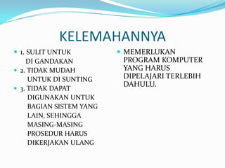 KELEMAHANNYA
 1. SULIT UNTUK           MEMERLUKAN
     DI GANDAKAN           PROGRAM KOMPUTER
 2. TIDAK MUDAH           YANG HARUS
     UNTUK DI SUNTING      DIPELAJARI TERLEBIH
                           DAHULU.
 3. TIDAK DAPAT
     DIGUNAKAN UNTUK
     BAGIAN SISTEM YANG
     LAIN, SEHINGGA
     MASING-MASING
     PROSEDUR HARUS
     DIKERJAKAN ULANG
 
