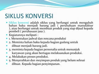 SIKLUS KONVERSI
 Siklus konversi adalah siklus yang berfungsi untuk mengubah
    bahan baku menjadi barang jadi ( peruhahaan manufaktur
    ), atau berfungsi untuk membuat produk yang siap dijual kepada
    pembeli ( peruhasaan jasa ).
   Kegiatannya meliputi :
   1. Menentukan jadwal dan rencana produksi
   2. Meminta bahan baku kepada bagian gudang untuk
      dibuat menjadi barang jadi.
   3. meminta kepada bagian personalia untuk menunjuk
      karyawan yang akan bertugas melaksanakan produksi.
   4. Melakukan proses produksi.
   5. Menyerahkan dan meyimpan produk yang belum selesai
      dibuat. Kepada bagian penyimpanan.
 