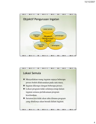 10/10/2007




Objektif Pengurusan Ingatan


                        Lokasi semula



         Organisasi
                                         perlindungan
           fizikal     Objektif
                      Pengurusan
                        Ingatan
               Organisasi           perkongsian
                logikal




Lokasi Semula

 Menyediakan ruang ingatan supaya beberapa
 proses boleh dilaksanakan pada satu masa.
 Ingatan dikongsi dengan beberapa proses.
 Lokasi program tidak selalunya tetap dalam
 ingatan semasa perlaksanaan program
 keseluruhan.
 Juruaturcara tidak akan tahu dimana program
 yang ditulisnya akan berada dalam ingatan.




                                                                4
 