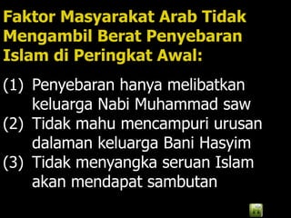 Faktor Masyarakat Arab Tidak
Mengambil Berat Penyebaran
Islam di Peringkat Awal:
(1) Penyebaran hanya melibatkan
    keluarga Nabi Muhammad saw
(2) Tidak mahu mencampuri urusan
    dalaman keluarga Bani Hasyim
(3) Tidak menyangka seruan Islam
    akan mendapat sambutan
 