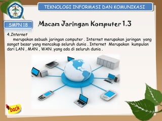 TEKNOLOGI INFORMASI DAN KOMUNIKASI
TEKNOLOGI INFORMASI DAN KOMUNIKASI

Macam Jaringan Komputer 1.3
4.Internet
merupakan sebuah jaringan computer . Internet merupakan jaringan yang
sangat besar yang mencakup seluruh dunia . Internet Merupakan kumpulan
dari LAN , MAN , WAN .yang ada di seluruh dunia .

 