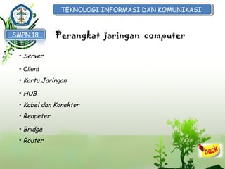 TEKNOLOGI INFORMASI DAN KOMUNIKASI
TEKNOLOGI INFORMASI DAN KOMUNIKASI

Perangkat jaringan computer
• Server
• Client
• Kartu Jaringan
• HUB
• Kabel dan Konektor
• Reapeter
• Bridge
• Router

 