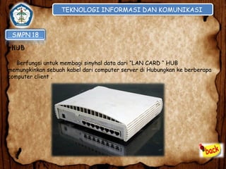 TEKNOLOGI INFORMASI DAN KOMUNIKASI
TEKNOLOGI INFORMASI DAN KOMUNIKASI

•HUB
Berfungsi untuk membagi sinyhal data dari “LAN CARD “ HUB
memungkinkan sebuah kabel dari computer server di Hubungkan ke berberapa
computer client .

 