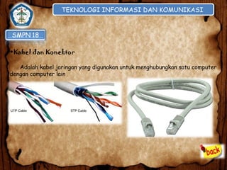 TEKNOLOGI INFORMASI DAN KOMUNIKASI
TEKNOLOGI INFORMASI DAN KOMUNIKASI

•Kabel dan Konektor
Adalah kabel jaringan yang digunakan untuk menghubungkan satu computer
dengan computer lain .

 