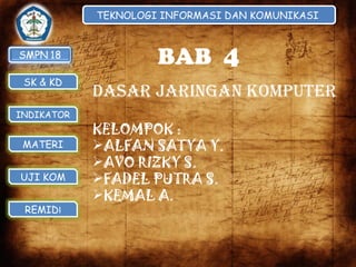 TEKNOLOGI INFORMASI DAN KOMUNIKASI
TEKNOLOGI INFORMASI DAN KOMUNIKASI

BAB 4
SK & KD
INDIKATOR

MATERI
UJI KOM
REMIDI

DASAR JARINGAN KOMPUTER
KELOMPOK :
ALFAN SATYA Y.
AVO RIZKY S.
FADEL PUTRA S.
KEMAL A.

 