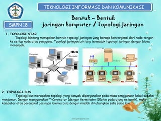 TEKNOLOGI INFORMASI DAN KOMUNIKASI
TEKNOLOGI INFORMASI DAN KOMUNIKASI

Bentuk – Bentuk
jaringan komputer / Topologi jaringan
1. TOPOLOGI STAR
Topologi bintang merupakan bentuk topologi jaringan yang berupa konvergensi dari node tengah
ke setiap node atau pengguna. Topologi jaringan bintang termasuk topologi jaringan dengan biaya
menengah.

2. TOPOLOGI BUS
Topologi bus merupakan topologi yang banyak dipergunakan pada masa penggunaan kabel sepaksi
menjamur. Dengan menggunakan T-Connector (dengan terminator 50ohm pada ujung network), maka
komputer atau perangkat jaringan lainnya bisa dengan mudah dihubungkan satu sama lain.

 