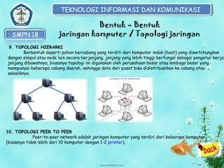 TEKNOLOGI INFORMASI DAN KOMUNIKASI
TEKNOLOGI INFORMASI DAN KOMUNIKASI

Bentuk – Bentuk
jaringan komputer / Topologi jaringan
9. TOPOLOGI HIERARKI
Berbentuk seperti pohon bercabang yang terditi dari komputer induk (host) yang diswitchungkan
dengan simpul atau node lain secara berjenjang, jenjang yang lebih tinggi berfungsi sebagai pengetur kerja
jenjang dibawahnya, biasanya topologi ini digunakan oleh perusahaan besar atau lembaga besar yang
mempunyai beberapa cabang daerah, sehingga data dari pusat bisa didistribusikan ke cabang atau
sebaliknya.

10. TOPOLOGI PEER TO PEER
Peer-to-peer network adalah jaringan komputer yang terdiri dari beberapa komputer
(biasanya tidak lebih dari 10 komputer dengan 1-2printer).

 
