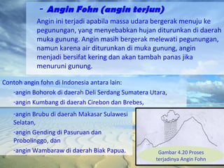 - Angin Fohn (angin terjun)
Angin ini terjadi apabila massa udara bergerak menuju ke
pegunungan, yang menyebabkan hujan diturunkan di daerah
muka gunung. Angin masih bergerak melewati pegunungan,
namun karena air diturunkan di muka gunung, angin
menjadi bersifat kering dan akan tambah panas jika
menuruni gunung.
Contoh angin fohn di Indonesia antara lain:
-angin Bohorok di daerah Deli Serdang Sumatera Utara,
-angin Kumbang di daerah Cirebon dan Brebes,
-angin Brubu di daerah Makasar Sulawesi
Selatan,
-angin Gending di Pasuruan dan
Probolinggo, dan
-angin Wambaraw di daerah Biak Papua.

Gambar 4.20 Proses
terjadinya Angin Fohn

 